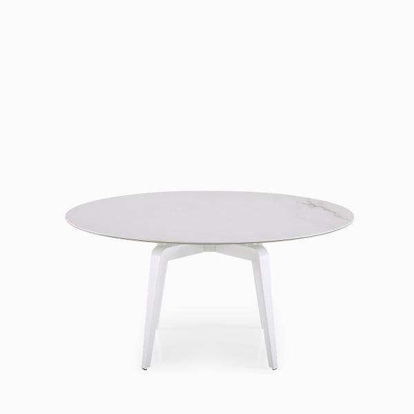 ROUND DINING TABLE WHITE LACQUERED BASE WHITE MARBLE-EFFECT CERAMIC STONEWARE Ligne Roset