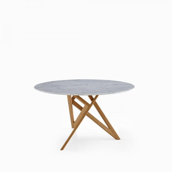 ROUND DINING TABLE LEGS IN NATURAL OAK WHITE MARBLE-EFFECT STONEWARE Ligne Roset